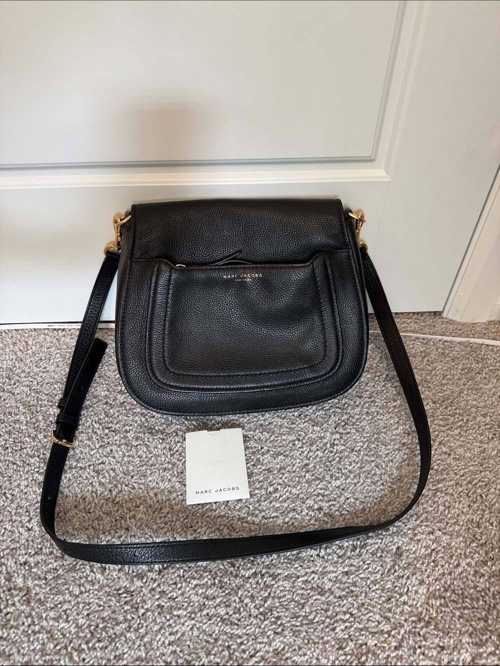 Marc Jacobs Black Pebbled Leather Crossbody Saddle Bag with Gold Hardware